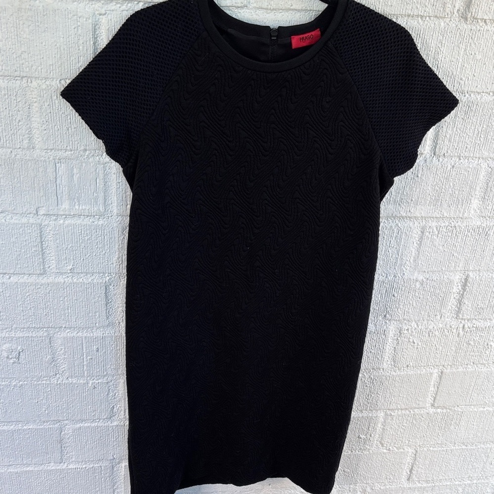 Hugo Boss Mesh Stretch Elegant Black Short Sleeve Mini Dress sz M